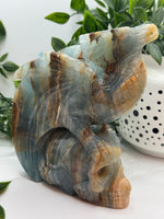 Blue onyx dragon in skull - Crystal Carvings