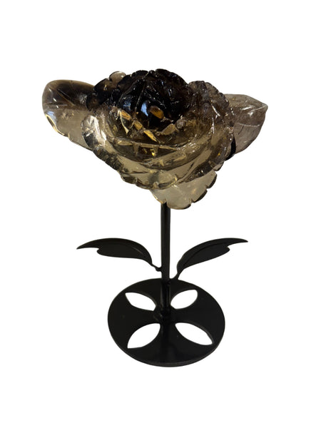 Smokey Quartz with Rainbow Inclusions Flower Carving & stand 600 gm